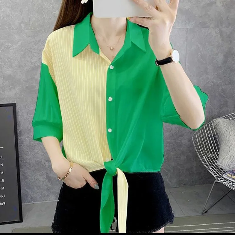 Lapel Half Sleeve Striped Patchwork Chiffon Shirt Woman Clothing 2022 Summer Loose Fashion Casual Commuter Blouse Plus Size Tops