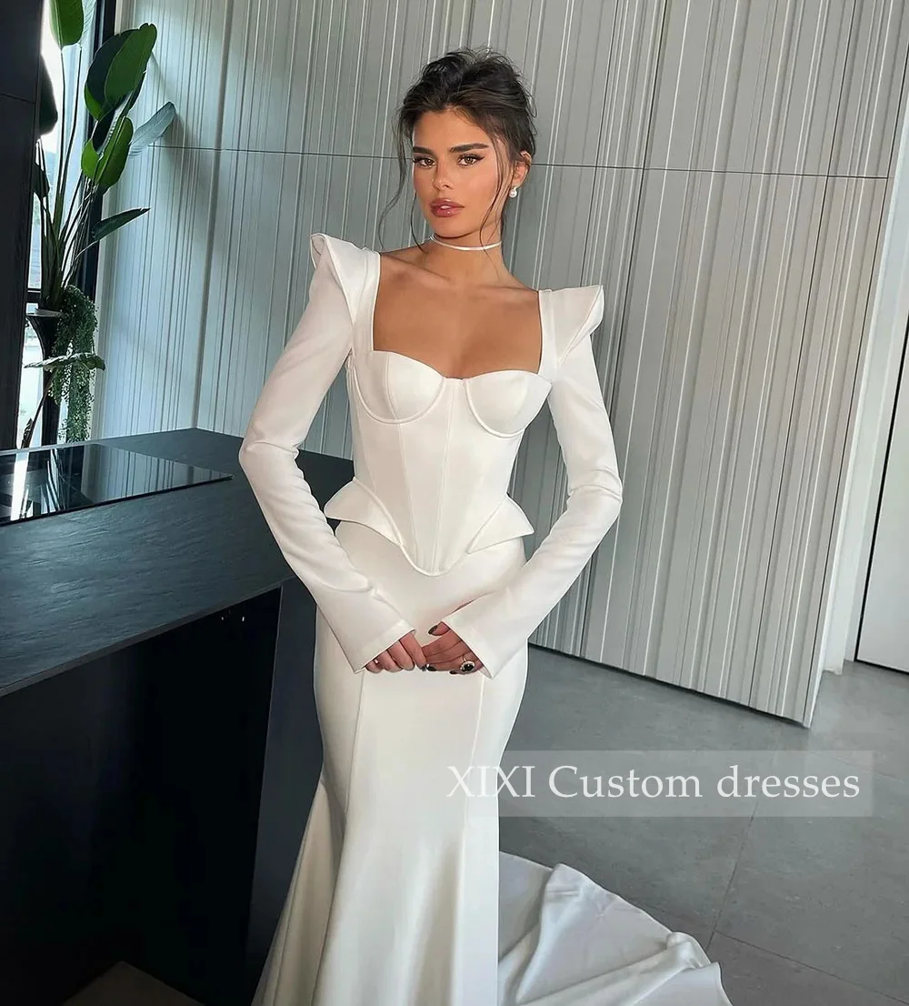 XIXI Customized Evening Dresses Prom Dresses Long Sleeves Corset Bridal Gowns Arabic Square Neck Brides Dress Robe Exquisite Hig