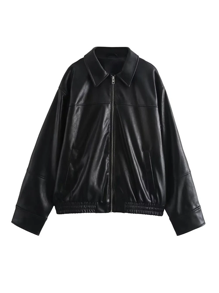 Vintage เสื้อแจ็คเก็ตหนังเสื้อแขนยาว Laple Zipper ผู้หญิงกระเป๋าเสื้อแจ็คเก็ตหญิงฤดูใบไม้ผลิแฟชั่นใหม่ Lady Streetwears