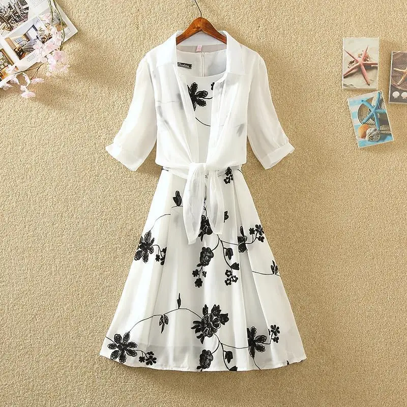 Commuting Simplicity Retro Floral Print A-line Dress and Sunscreen Shirt for Women's Summer Loose Slimming Chiffon Two Piece Set