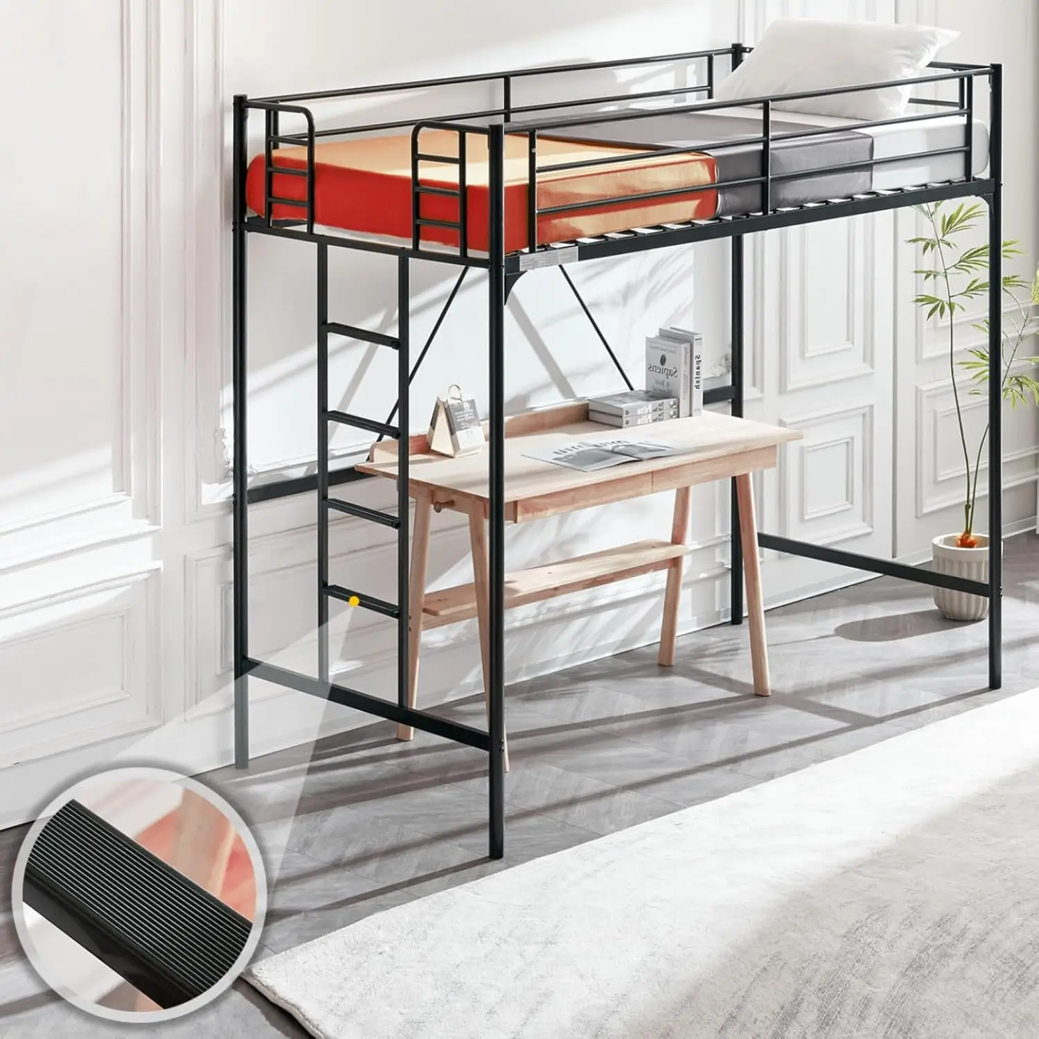 Metal Loft Bed with Stairs and Flat Rung, Junior Loft Bed Twin Size High Loft Bed for Kids/Teens/Adults, No Box Spring Required,