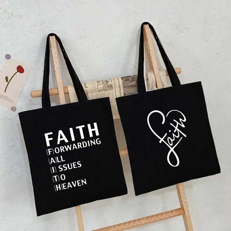 Faith Print Shopping Bag Tote Handbag Shopper Recycle Bag Reusable Tote Jesus Fashion Casual Handbag Purse Travel Beach Totes