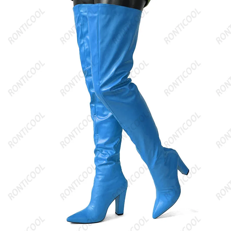 Ronticool Handmade Women Winter Thigh Boots Faux Leather Chunky Heels Pointed Toe Orange Club Shoes Us Plus Size 5-15 image 4