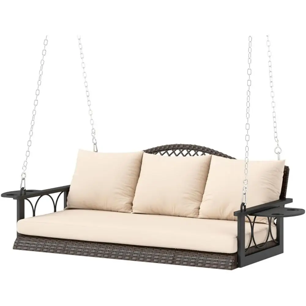 

Коричневое/бежевое уличное кресло-качели из ротанга 57 с подушками и подстаканниками (требуется сборка)