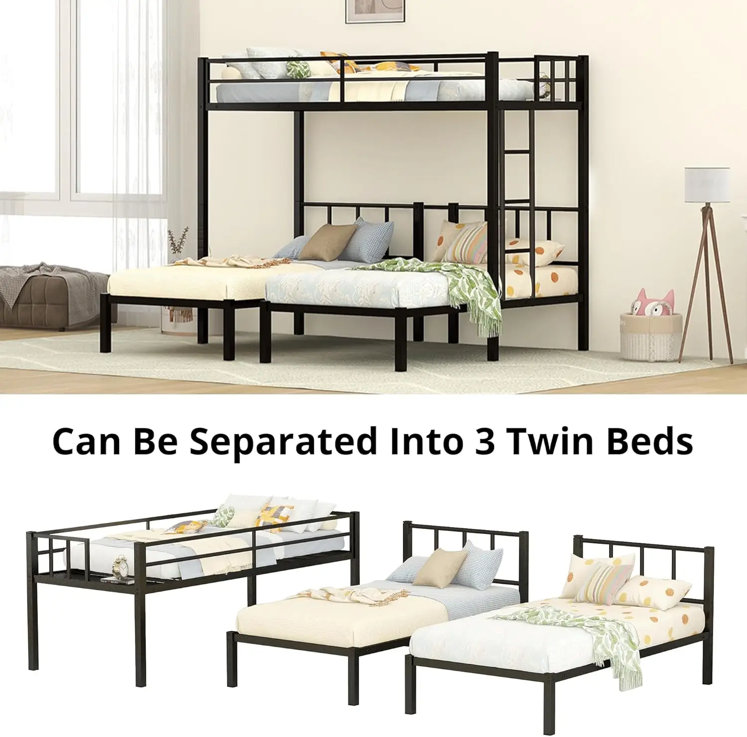 Triple Bunk Bed, Metal Twin Over Twin & Twin Bunk Beds for 3 with Guardrails, Ladder & Upper-Bed Platform, Detachable image 3