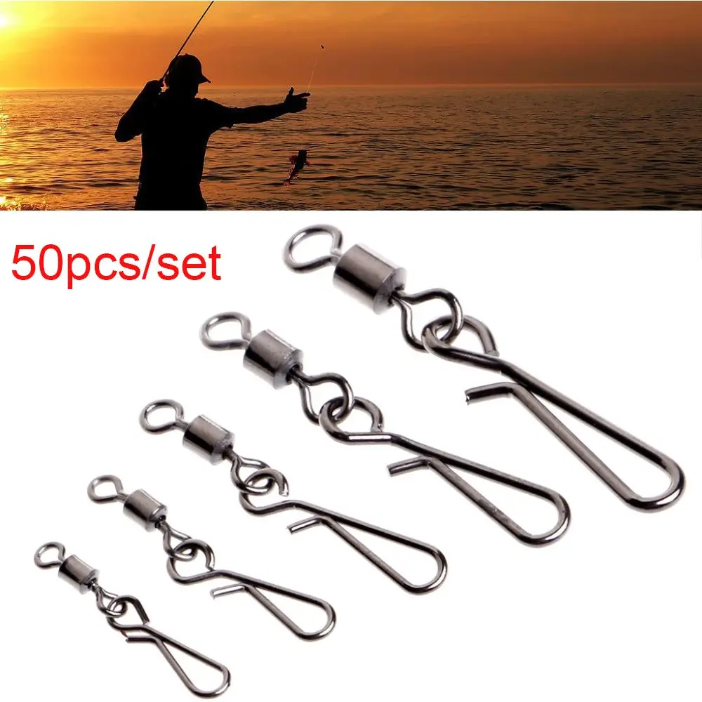 50pcs Rolling Swivel With Hanging Snap Fishing Tackle Fishhooks Connector Heavy Duty Ball Size 2# to 10#