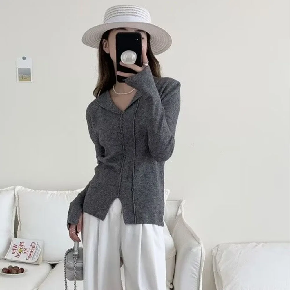 

Autumn 2024 new women's casual fashion Joker slim lapel split core-spun yarn knitted pullover sweater