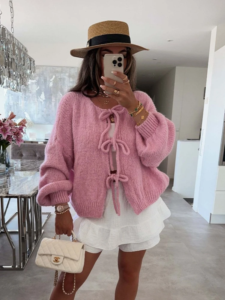 

QWEEK 2024 Autumn Long Long Sleeve Cardigan Warm Korean Style Knitted Knit Casual Sweater Solid Knitwear Female Loose Top