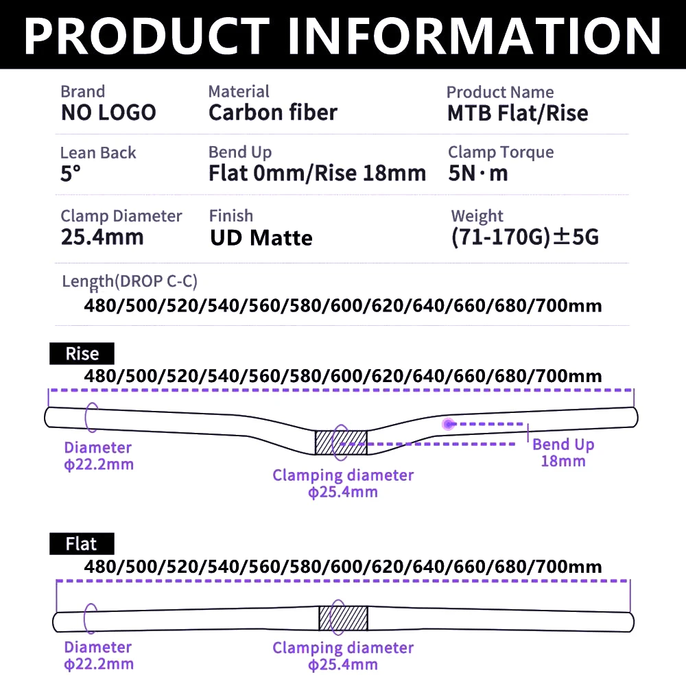 Bicycle Handlebars Carbon Fibre Handlebar 25.4mm For Kids' Folding BMX Mountain MTB Bike Handle Bar 480mm - 700mm Black Matte