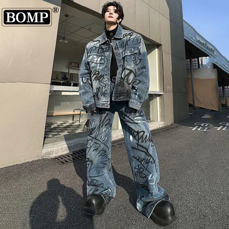 

[BOMP] Letter Painting Male Denim Suit Personality Turn-down Collar Pocket Patchwork Men's Jackets Contrast Color Jeans 9C4665