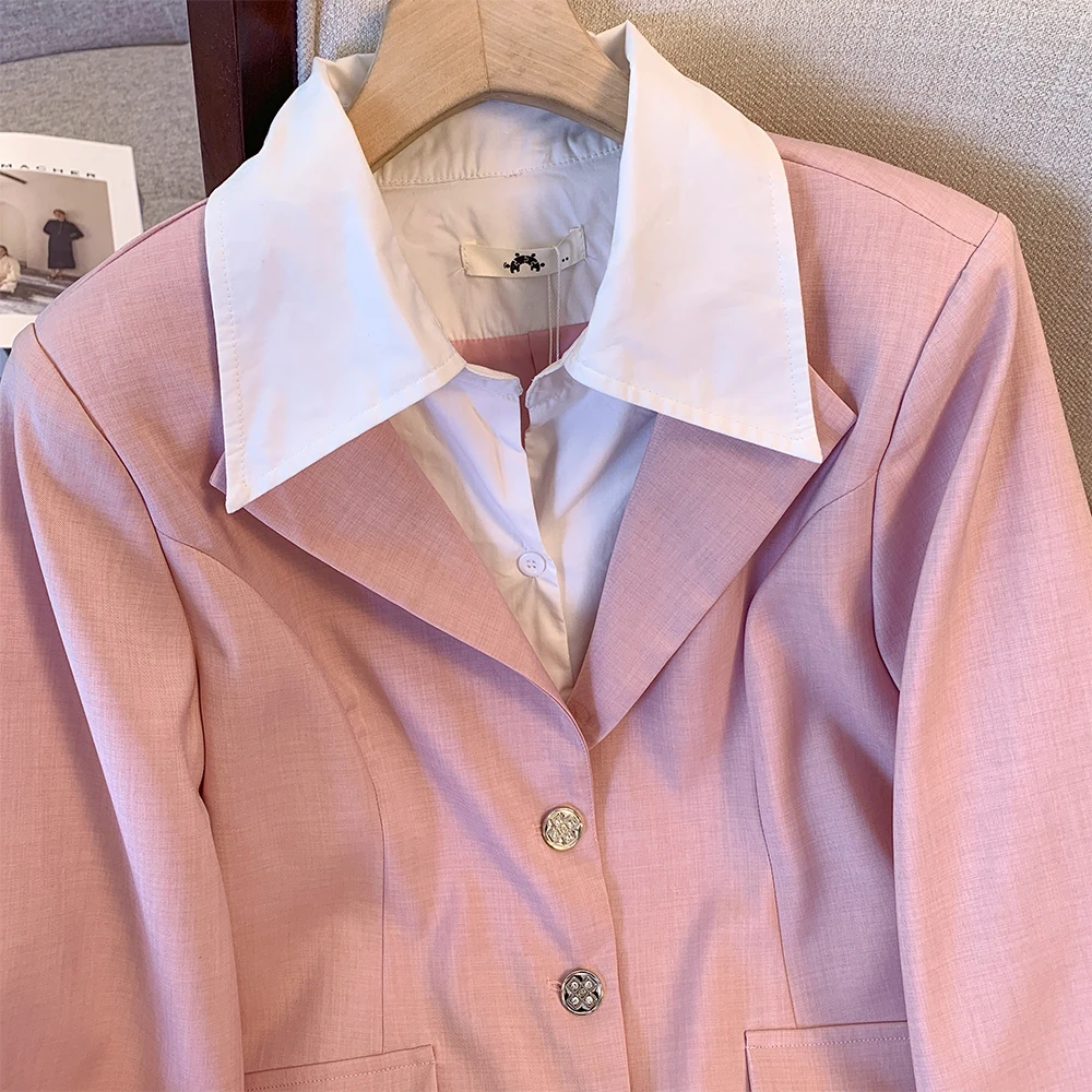 Chaqueta de traje informal de talla grande para mujer, diseño de dos retales falsos, moda de personalidad, Rosa top, traje de camisa 2 en 1, viaje de otoño