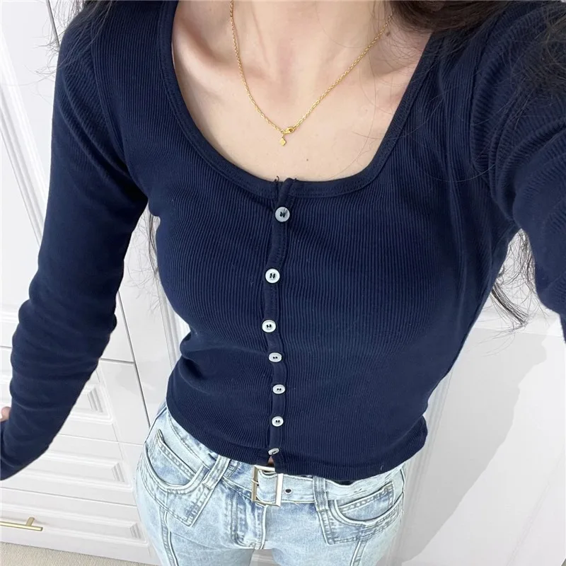 Deeptown Vintage Knit Cardigan Women Brandy Melville Long Sleeve Autumn Slim Knitted Sweater Y2k Short Jumper Korean Fashion