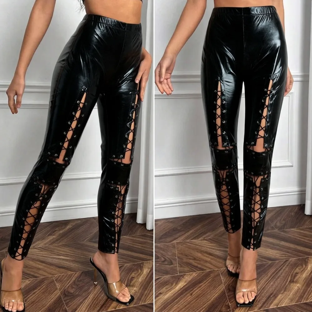 Damen Gothic Schnürhose Punk Rock Kunstlederhose Party Nacht Bar Sexy Lederleggings Tanz Disco Slim Hose – Detail 7