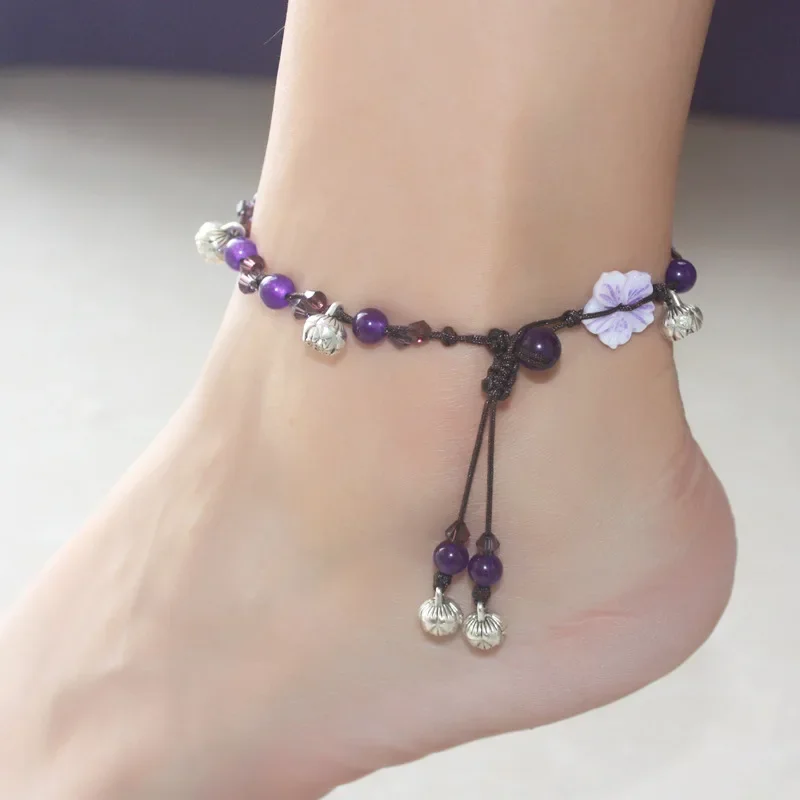 Jade Flower Anklets for Women Natural Stone Gift Accessories Charm Men Jewelry Purple Designer Fashion Amulet 925 Silver