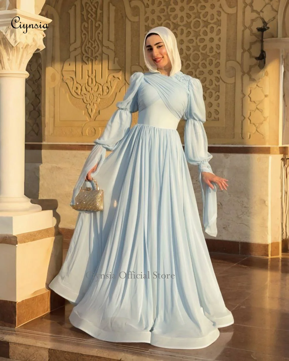 Ciynsia Personalizowana Jasnoniebieska Sukienka Wieczorowa z Wysokim Dekoltem, Warstwowymi Rękawami, Linia A, Sukienki na Formalne Okazje, Księżniczka, Szyfonowa Suknia Balowa