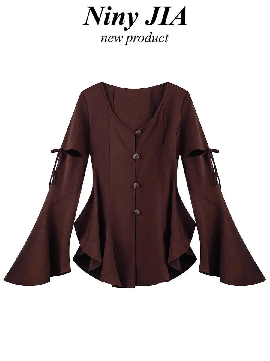 

2025 Autumn Women Long Flare Sleeve T-shirt New Women's French Ruffle Elegant Shirt Sweet Irregular Design Flared Sleeve Blouse