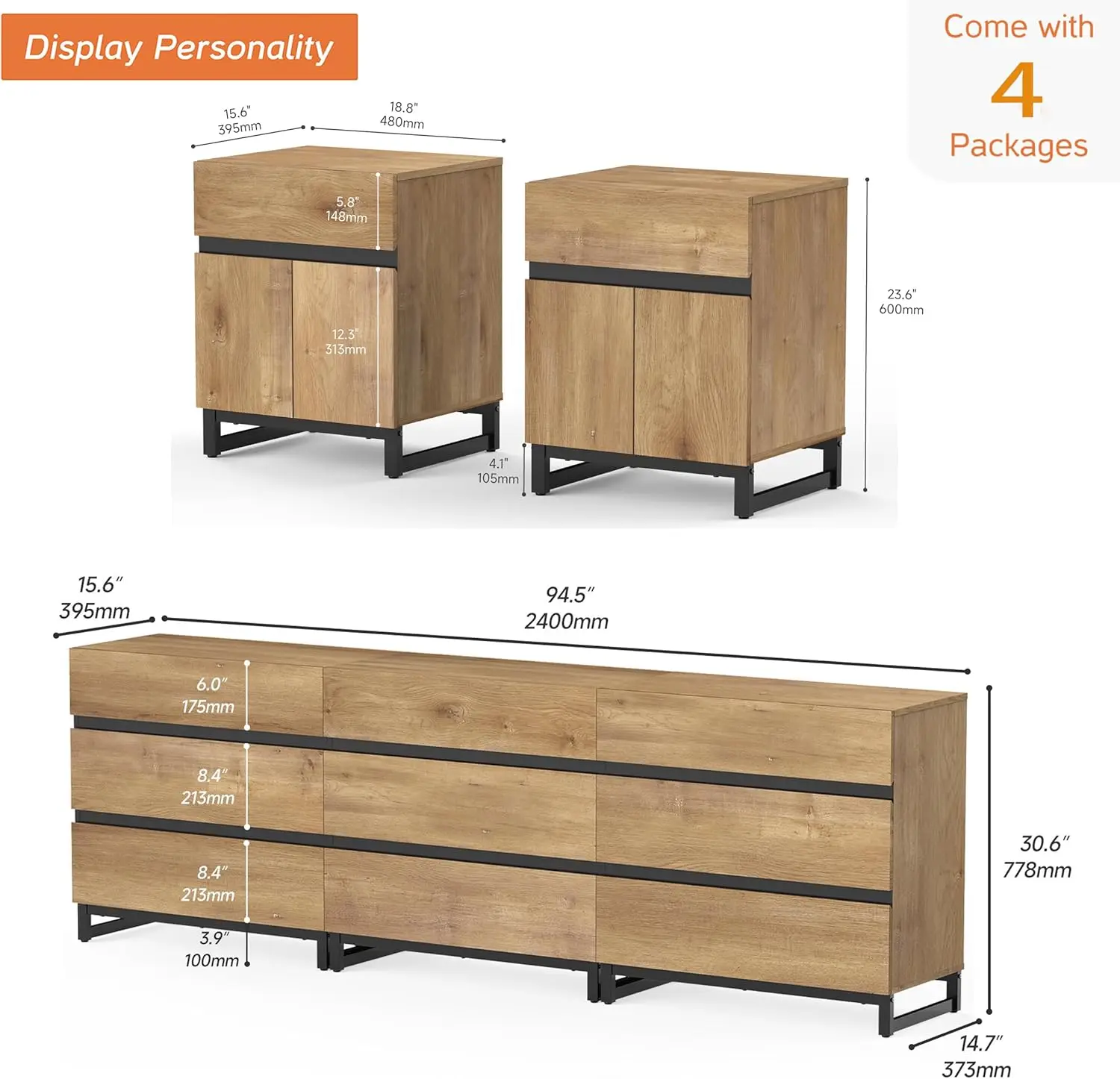 Cômoda de 94,5 polegadas com 6 gavetas, 2 mesinhas de cabeceira com gaveta e armário para quarto, conjunto de móveis de quarto, carvalho