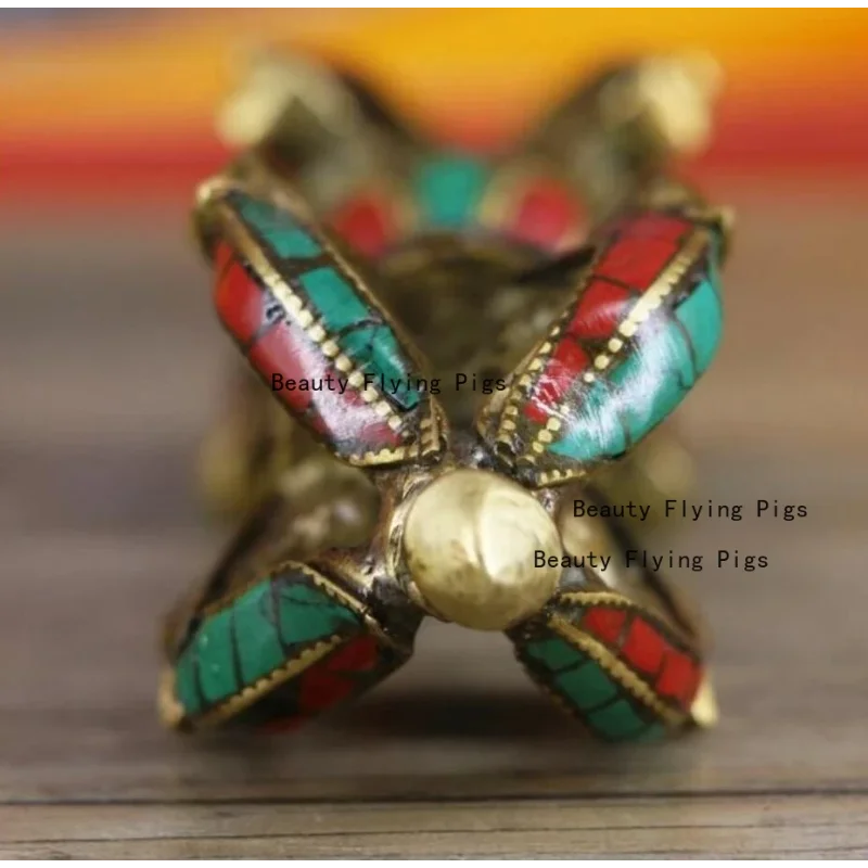 Brass religious ritual carving Buddha statue Nepal five-stranded diamond turquoise home decoration