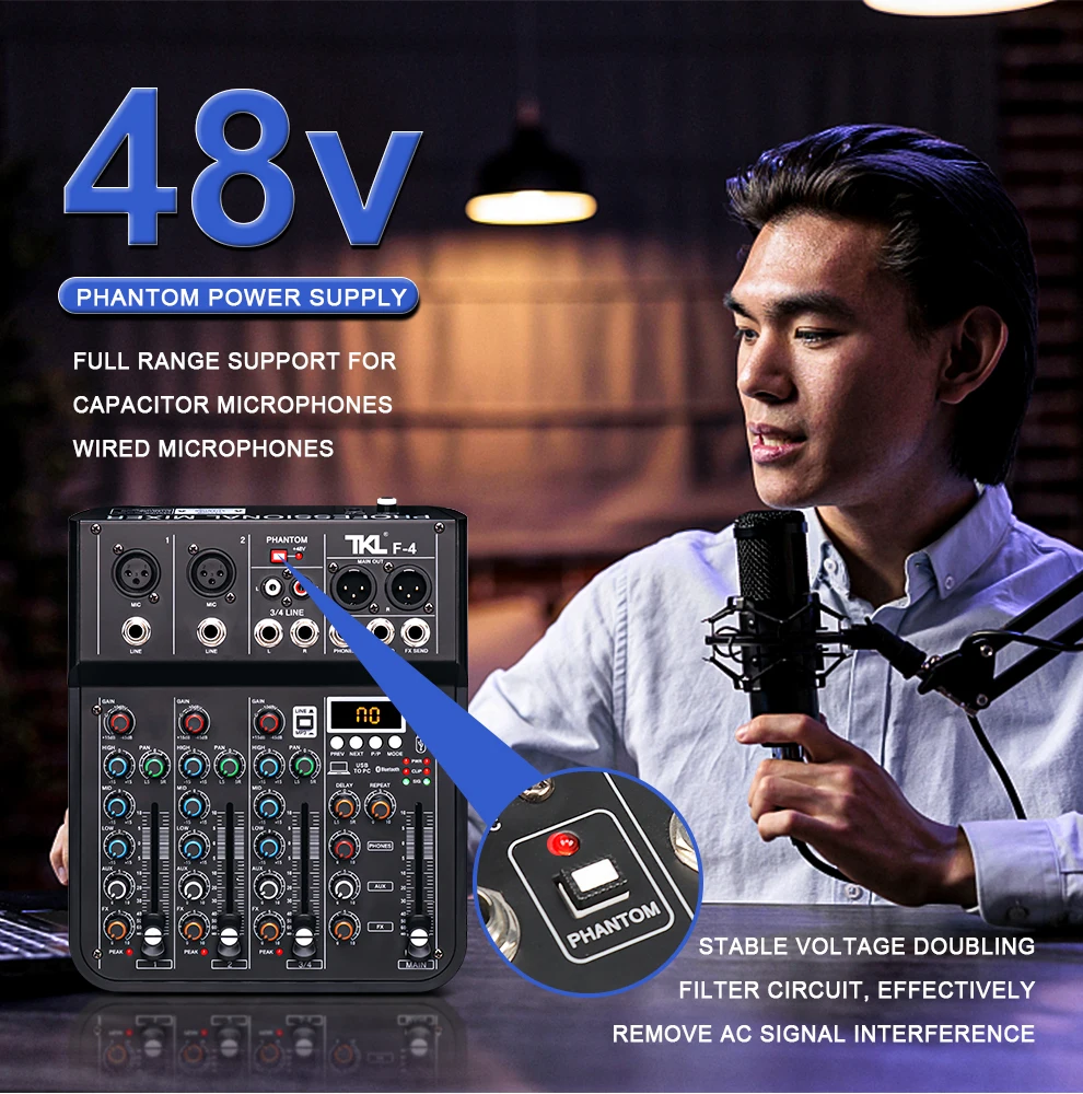 وحدة تحكم خلط الصوت الرقمية المحمولة ، وحدة تحكم دي جي احترافية ، 4 قنوات ، 48 فولت ، USB ، بلوتوث ، مسرح منزلي