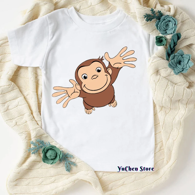 Newly Boys T-shirts Cartoon Print Under Yellow clothes Hat Monkey Kids Shirt Cute Girls T-shirts Birthday summer Tops clothing