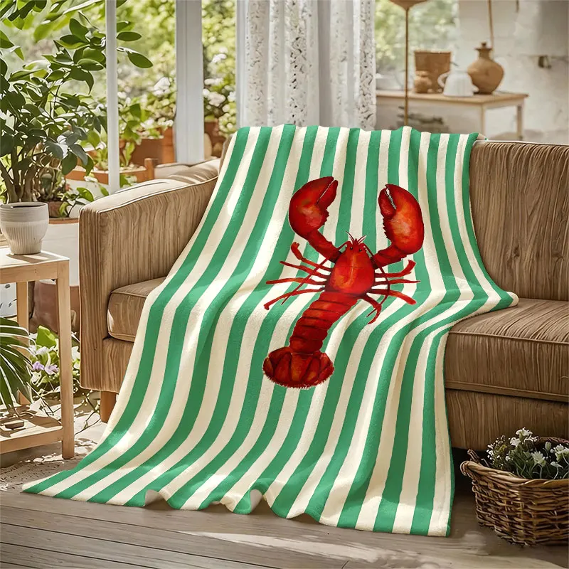 Striped Lobster Print Flannel Blanket Warm Soft Halloween Christmas Decorative Couch Warm Cozy All-Season Gift