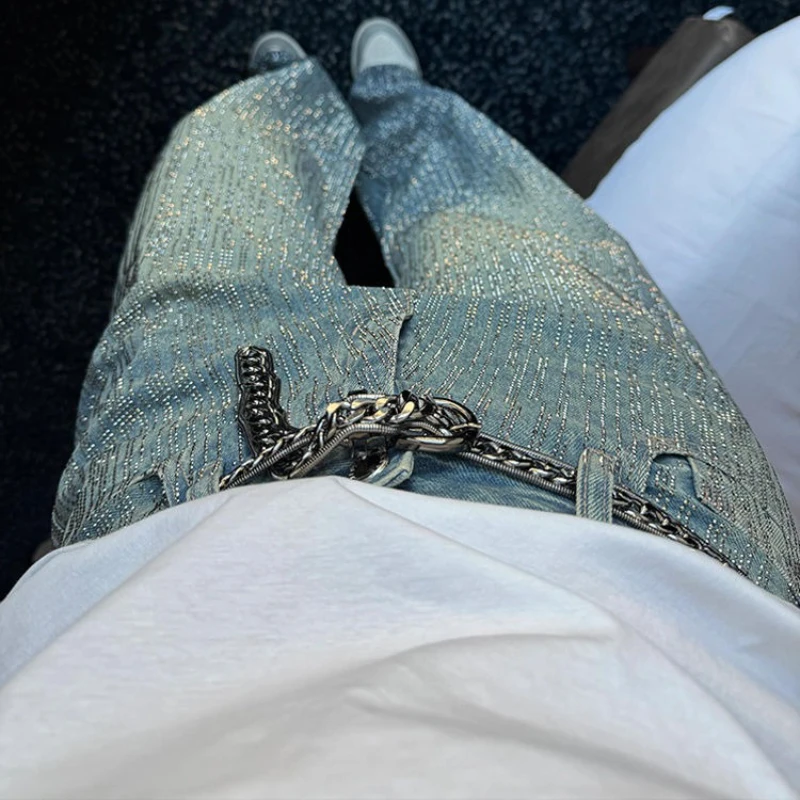 Women Spring Autumn Summer Pants Jeans New Straight Sequins Wide Leg Crushed Diamonds Belt Zipper Simple  Fashion Leisure