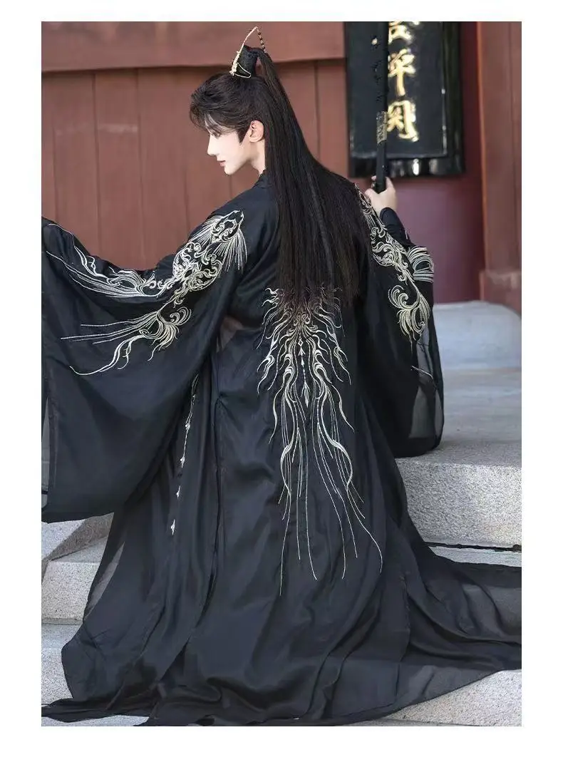 Traditionelle chinesische Kleidung, Nische, Stehkragen, Stickerei, lange Robe, Halloween, Wuxia, Cosplay-Kostüm, cooles schwarzes Herren-Hanfu