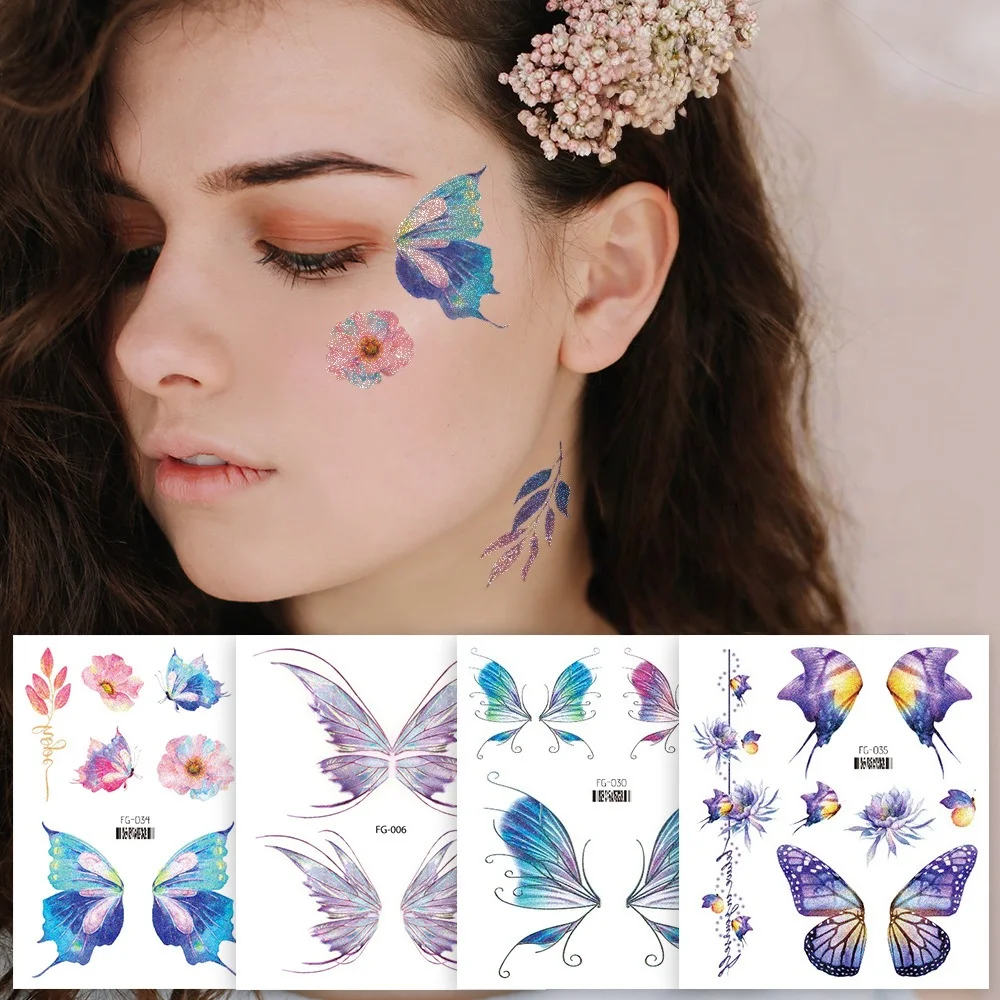 Fairy Butterfly Wings Shiny Tattoo Sticker Waterproof Eyes Face Hand Body Art Fake Tattoos For Women Makeup Festival Accessories