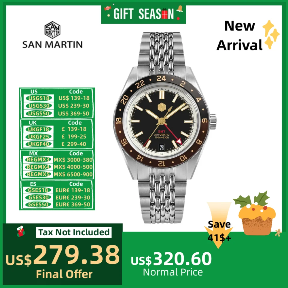 San Martin 39.5mm Fashion Aluminum Bezel Men\'s GMT Watch NH34 Automatic 6H Date Automatic 10Bar BGW-X1 Lume Reloj SN0116-4