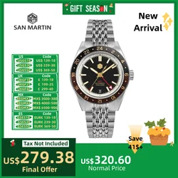 San Martin 39,5 mm modna aluminiowa ramka męski zegarek GMT NH34 automatyczna data 6H automatyczna 10Bar BGW-X1 Lume Reloj SN0116-4