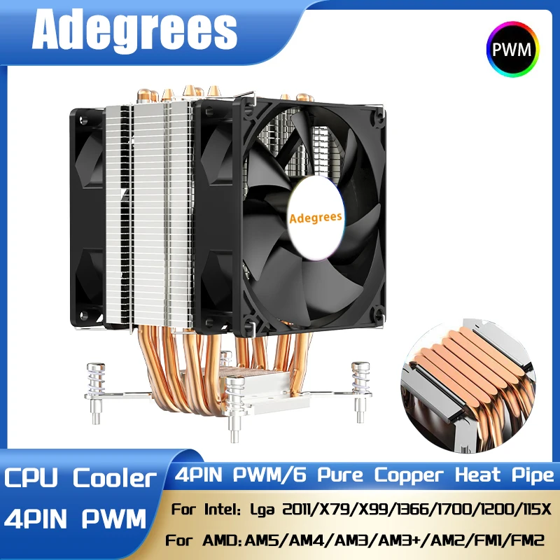 

CPU Air Cooler 4Pin PWM 6 Heat Pipe PC Processor CPU Fan for Intel LGA 1366 1700 1200 1150 1151 1155 2011 X79 X99 AM3 AM4 AM5