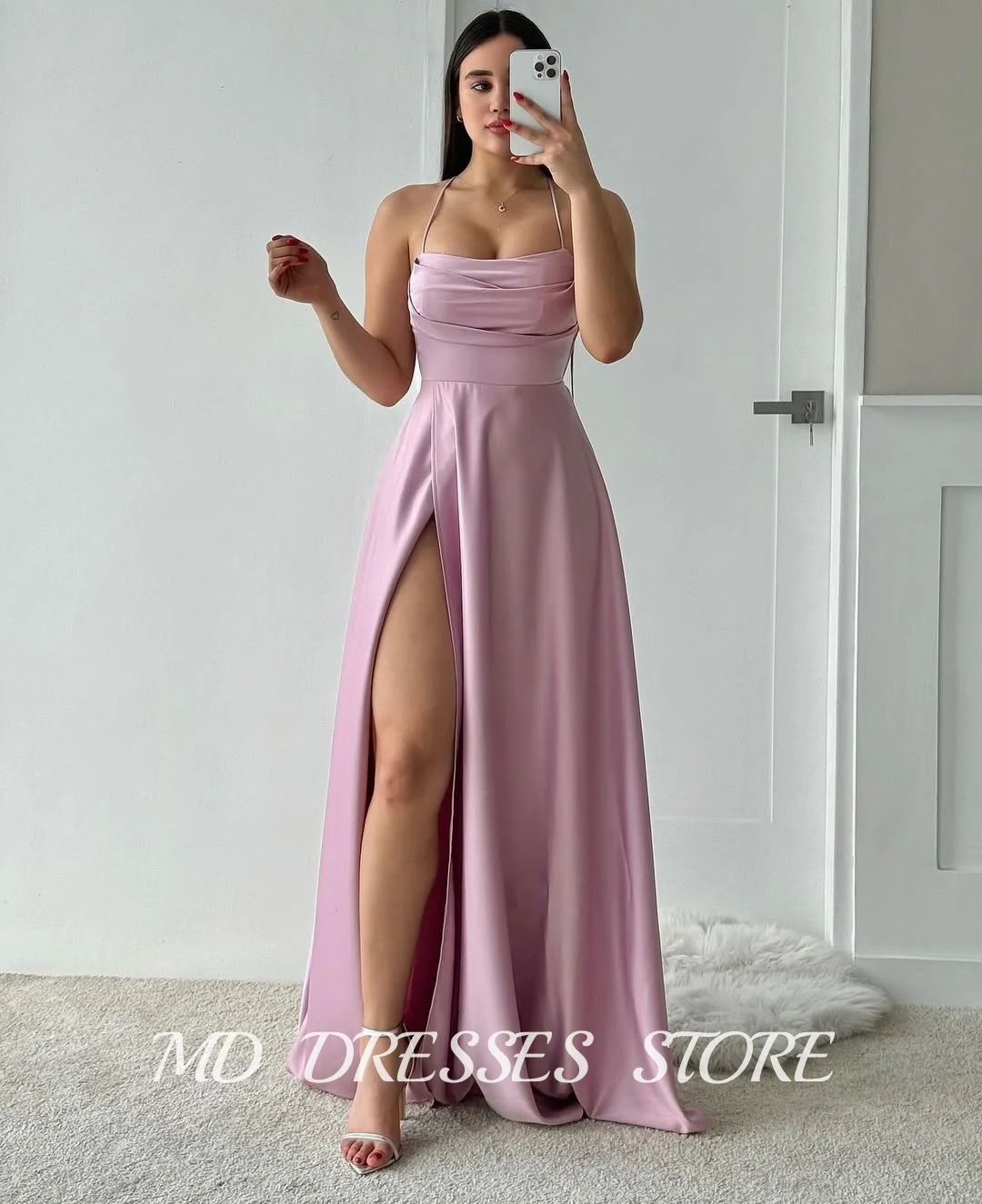 MD مثير ألف خط ثوب مسائي السباغيتي حزام الجانب عالية الشق الطية مناسبة خاصة فستان مطوي Vestidos de fiesta مخصص 2025