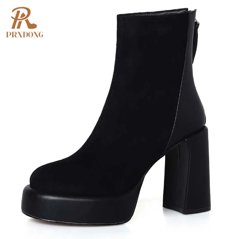 PRXDONG INS New Classics Autumn Winter Warm Knee High Boots Chunky High Heels Platform Black Apricot Zipper Dress Party Female