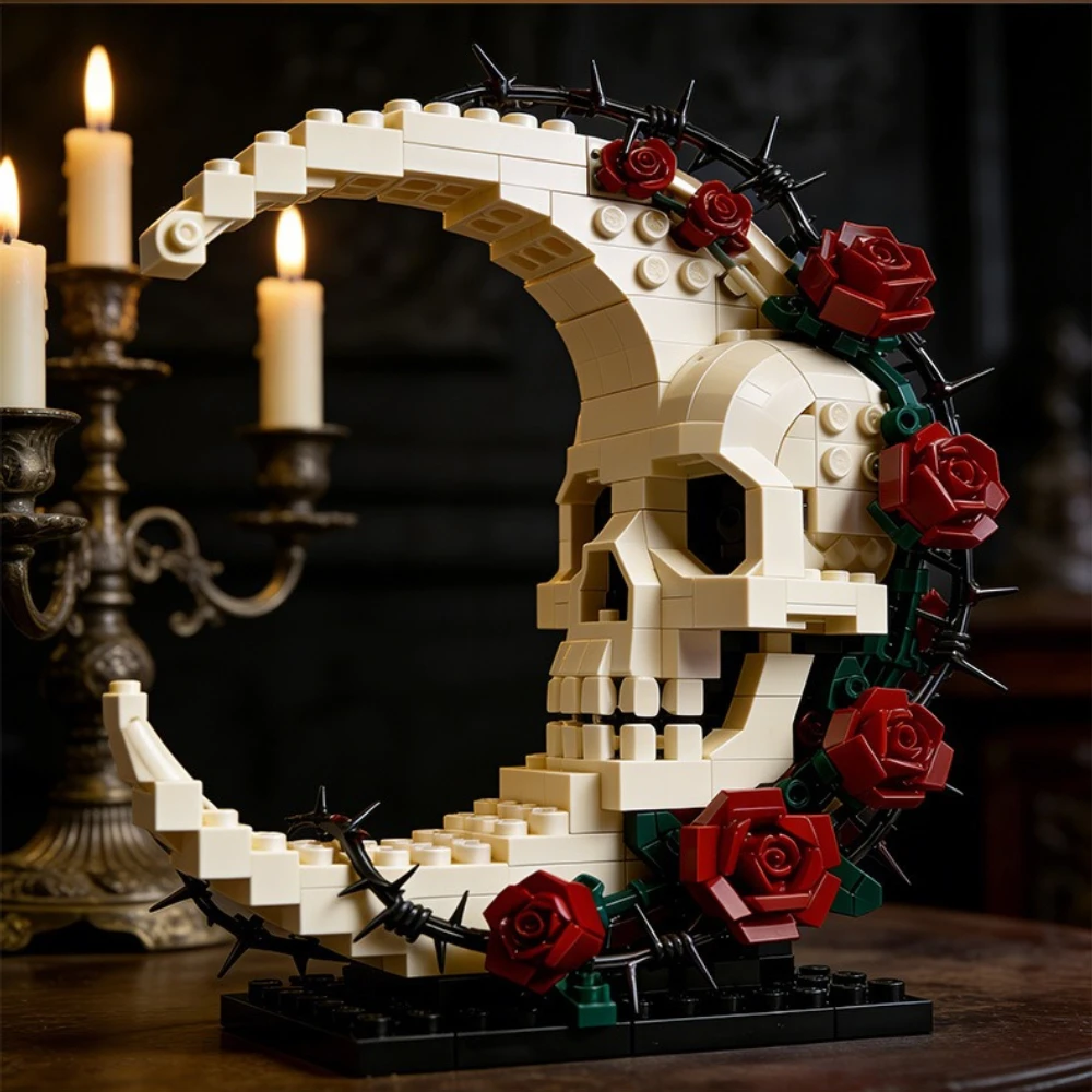 

MOC Dark Crescent Moon Skull Flower Building Blocks Set Ghost Skeleton Plant Horror Atmosphere Toys For Children Birthday Gifts