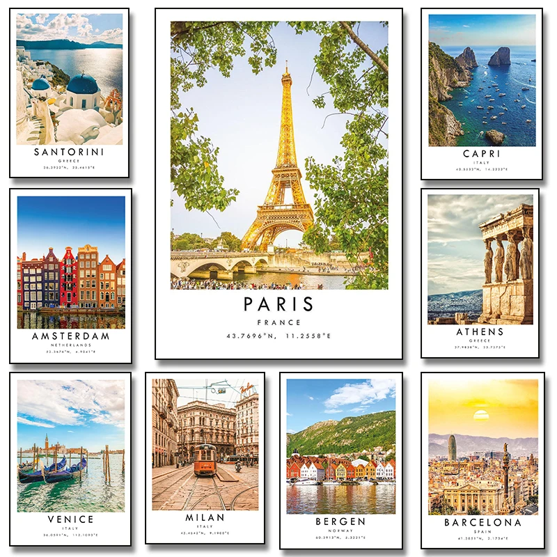 (Pintura en Lienzo 2D) Paisaje Urbano de Barcelona, Capri, Italia, Torre Eiffel, París, España, Bergen, Noruega, Póster de Viaje, Impresión en Lienzo W