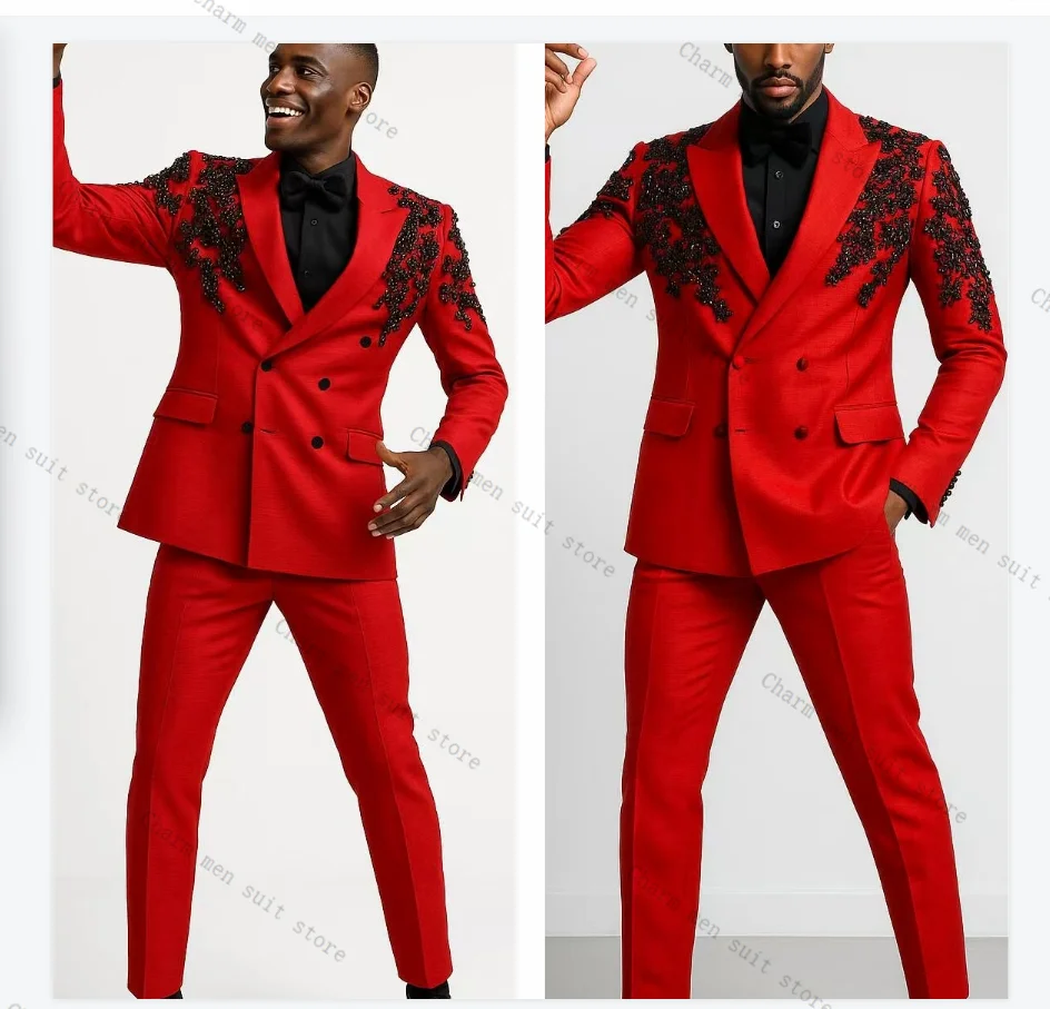 

Crystals Red Men Suits Set 2 Pcs Blazer+Pants Trouser Wedding Tuxedos Cotton Formal Office Customized Prom Dress Jacket Coat