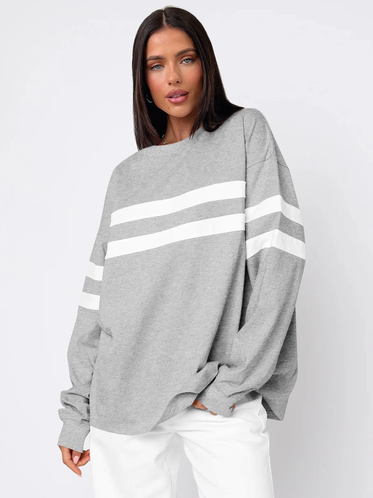 Frauen gestreiften Sweatshirt Herbst übergroße Langarm Rundhals ausschnitt lässig Pullover täglich Basic Soft Tops Streetwear