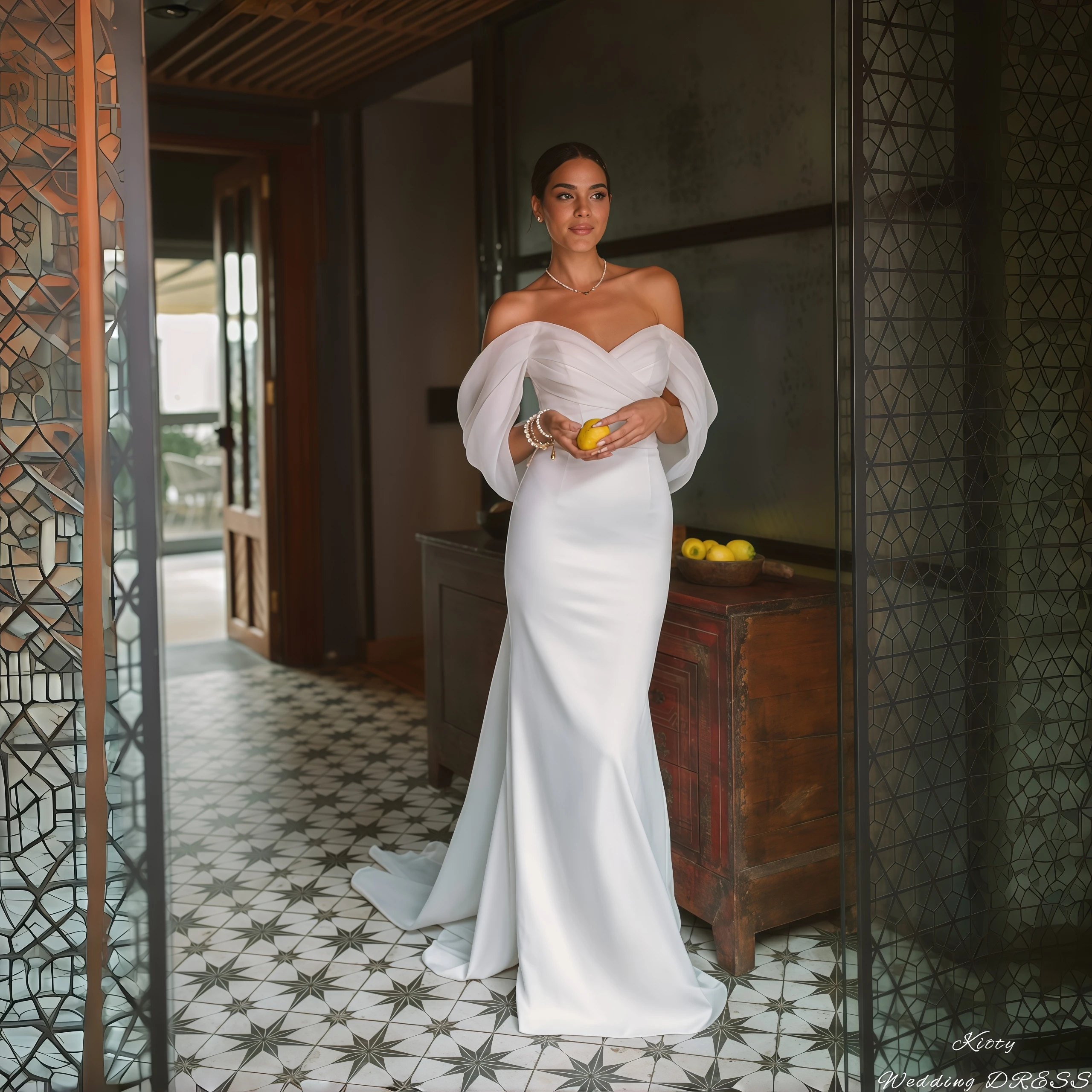 

Kitty Customized Elegant Wedding Dress Off-the-Shoulder Sweetheart Backless Sleeveless Satin Corset Mermaid Train Bridal Gowns