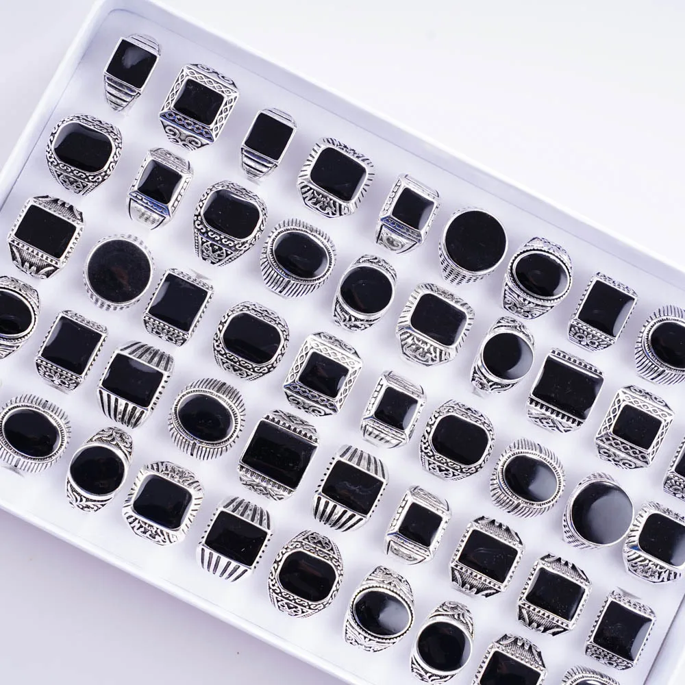 20Pcs/Lot Vintage Mix Black Enamel Geometric Square Silver Plated Rings for Men Women Retro Punk Jewelry Accessories Party Gifts