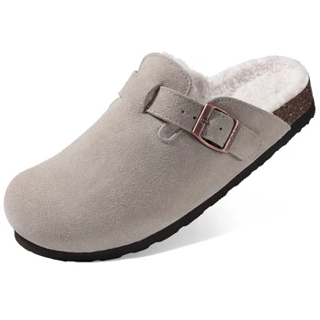 Kidmi Winter Suede Mannen Klompen Slippers Mode Fuzzy Kurk Klompen Schoenen Casual Antislip Bont Slippers Met Steunzool Mannen Muilezels