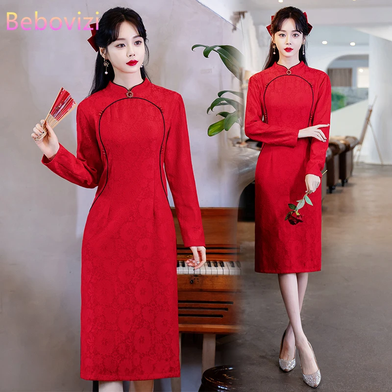 

Luxury Woman Evening Qipao Dress Chinese Traditional Wedding Long Sleeve Red Cheongsam New Year CNY