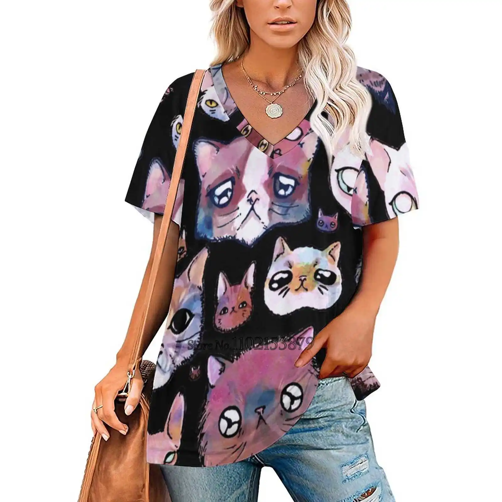 Feline Faces Women's T-Shirt Casual Short Sleeved Tops V-Neck Zipper Tee Ladies Loose T Shirts Cats Kittens Faces Cute Creepy