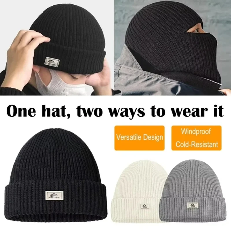 Winter Thermal Balaclava Mask Men Knitted Thicken Windproof Coldproof Ski Running Earmuffs Full Face Cover 2 in 1 Beanie Hat