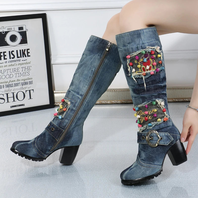 The new 2017denim antiskid boots  comfortable winter canvas shoes with high heels side zipper boots with fashion