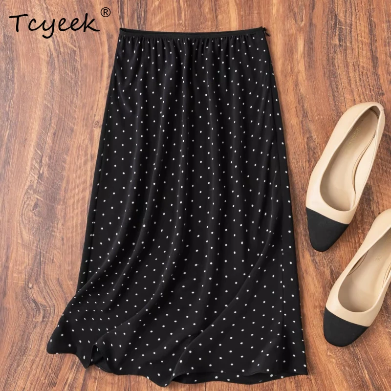 

Tcyeek 100% Real Silk Skirts for Women 2026 Summer Retro Classic Black Polka Dot Straight Skirt Lady Clothes Faldones Para Mujer