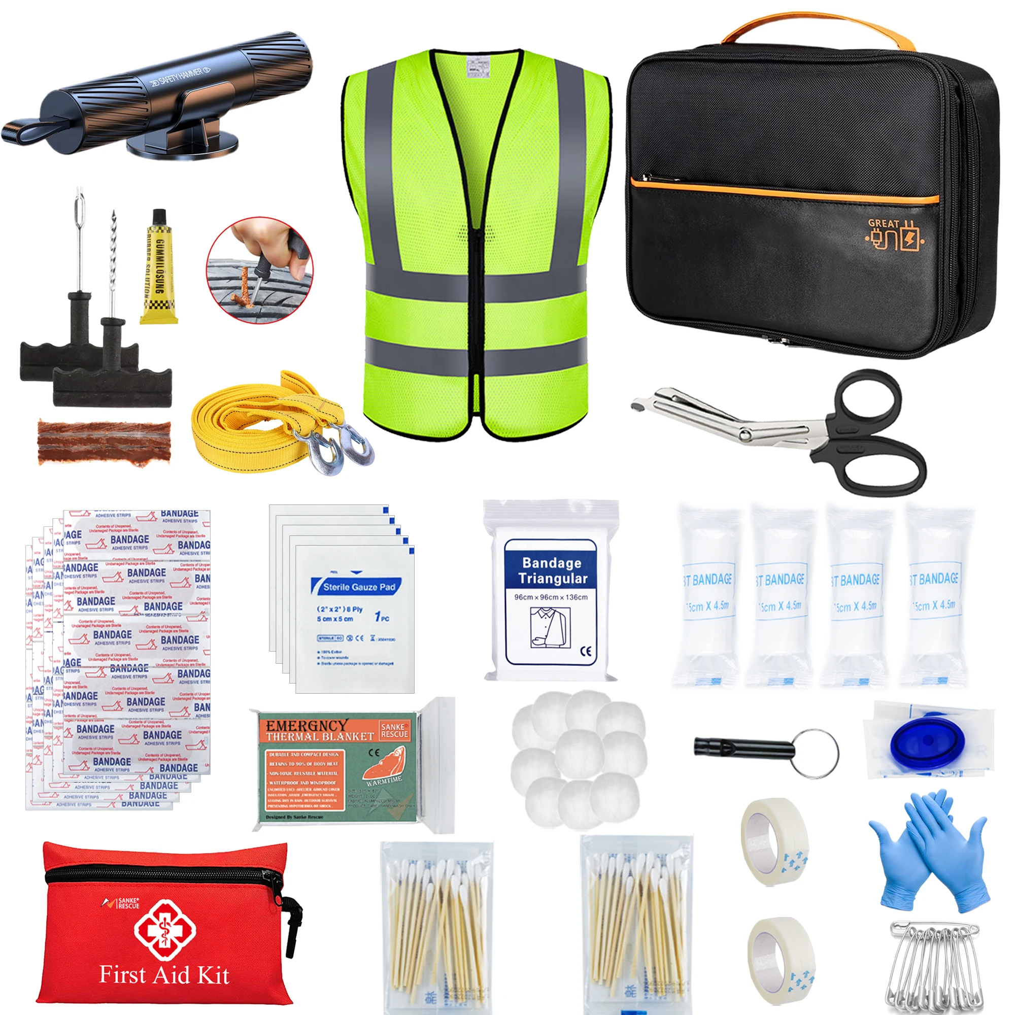 

New Car Emergency Roadside Assistance Kit Jumper Cable Tow Strap First Aid Supplies Multipurpose Pack Motorist Self-defense Tool