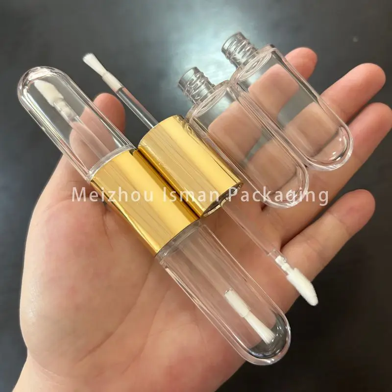 50pcs Hot Gold Oval Dual Double End Lipstick Case Packaging Flat 2 in 1 Empty Cosmetics Lip Gloss Tube With Brush Tip 6ml