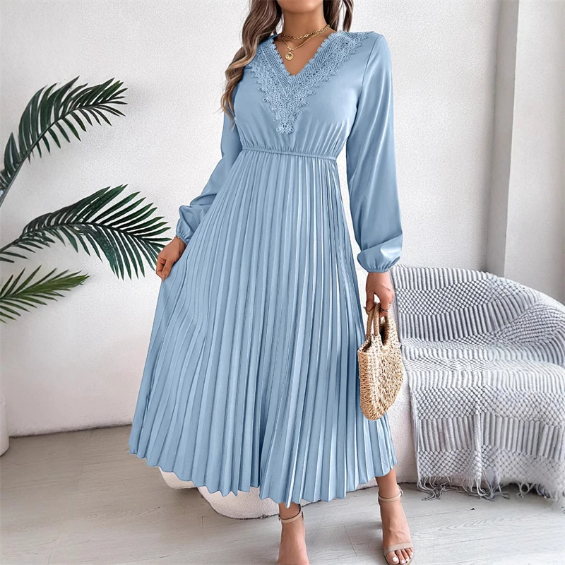 Europeu americano elegante temperamento renda com decote em v plissado saia longa cintura fina primavera verão sólido pullovr vestido feminino tendência