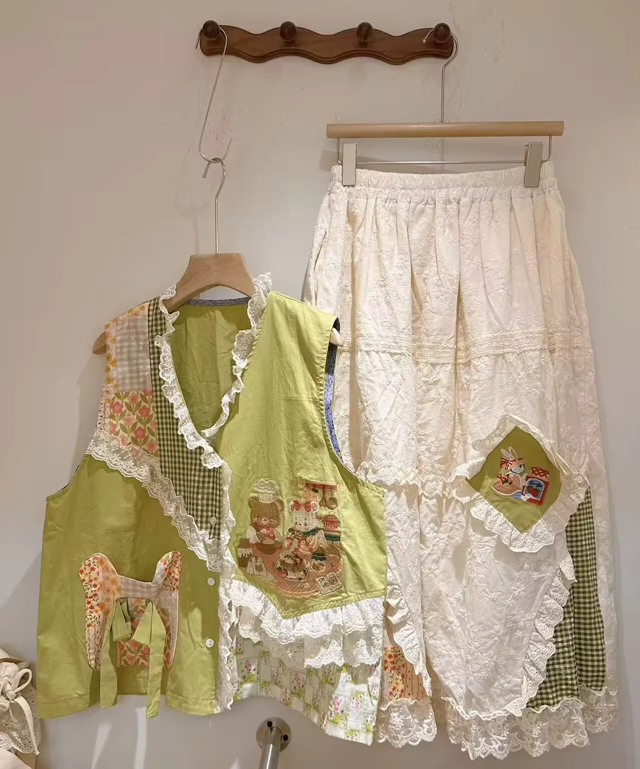 

Vintage Patchwork Spring Summer Cotton Long Skirt Japanese Kawaii Embroidery Casual High Waist Loose A-Line Skirt Faldas Mujer