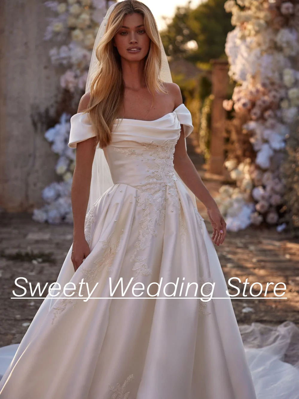 Custom Off The Shoulder Satin Wedding Dress Applique Draped A Line Bridal Dresses Court Train Vestidos De Novia Wedding Gown